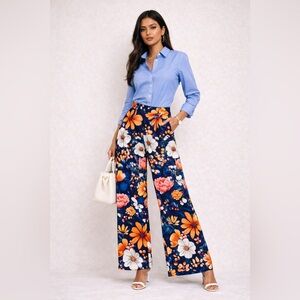 Womens Lagre Pants Floral Wide Leg Boho Cottagecore Retro Whimsical Artsy Bold